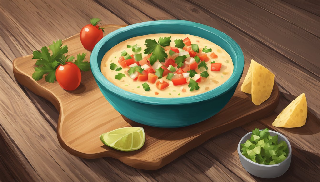 A bowl of creamy queso topped with spicy Pico de Gallo sits on a rustic wooden table