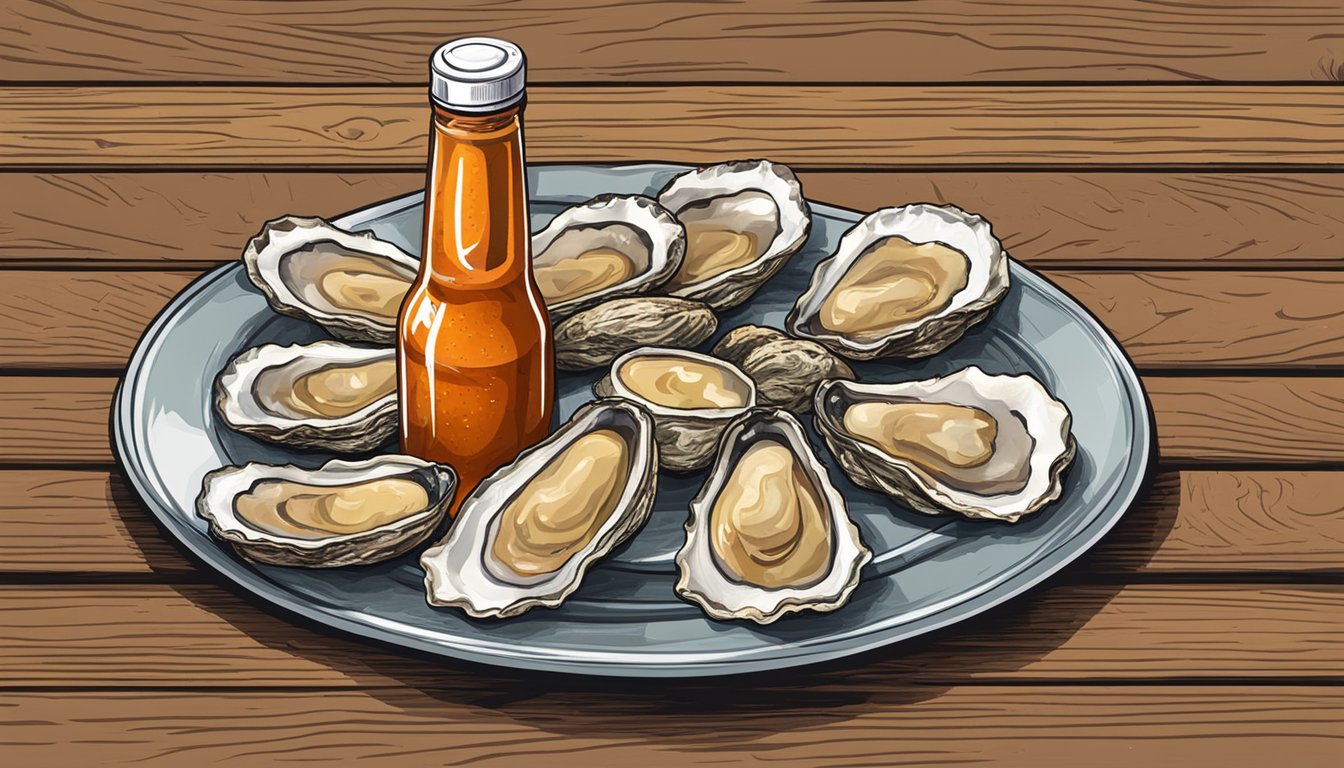 A bottle of Texas hot sauce next to a plate of fresh oysters on a rustic wooden table