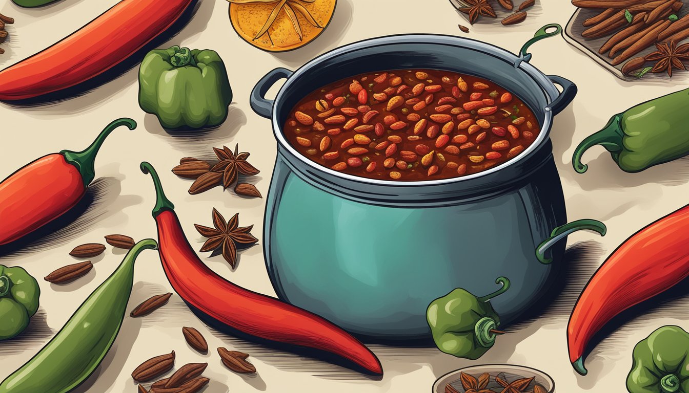 A steaming pot of Texas chili surrounded by vibrant chili peppers and spices