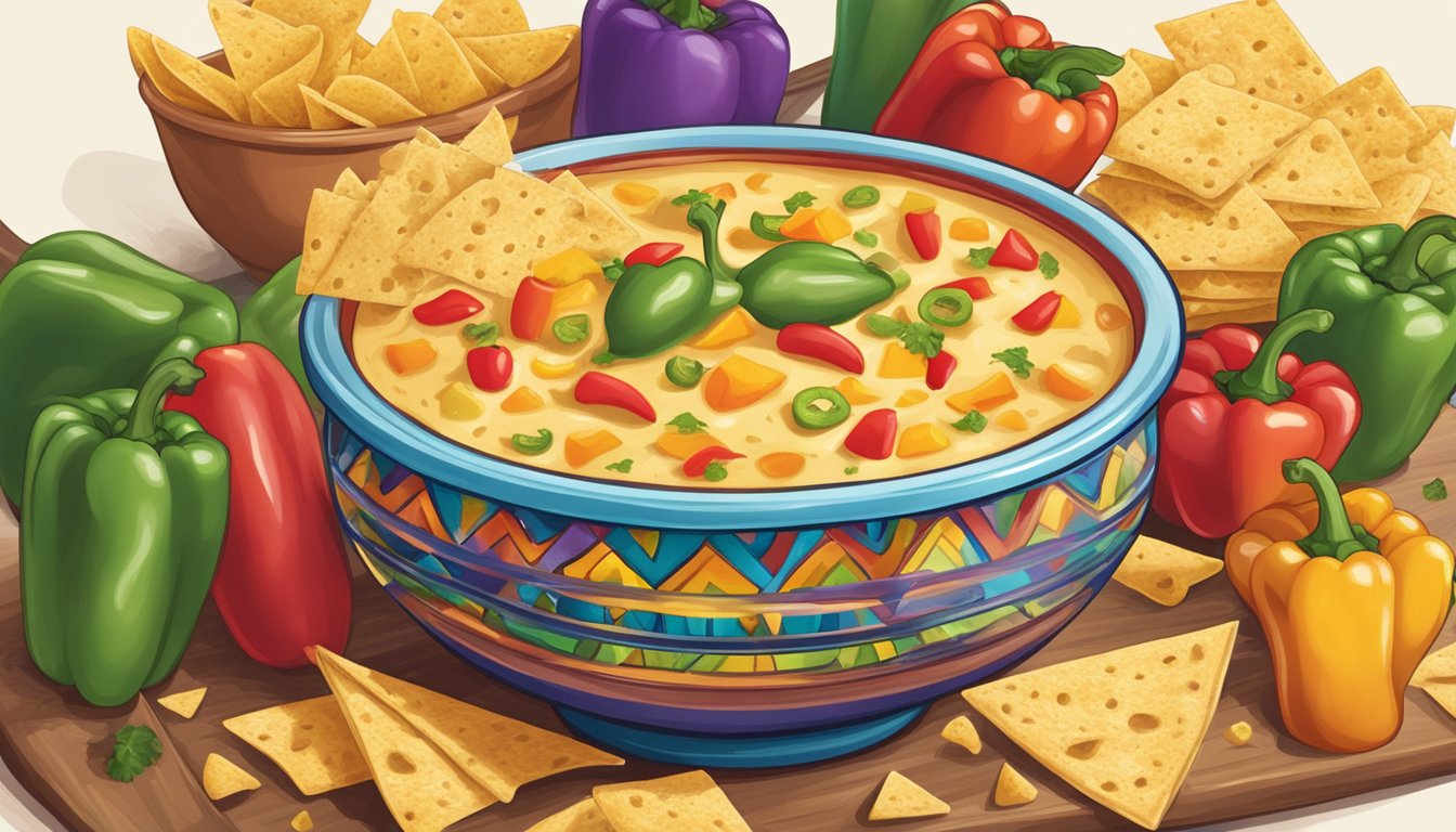 A bubbling pot of spicy queso surrounded by colorful peppers and tortilla chips