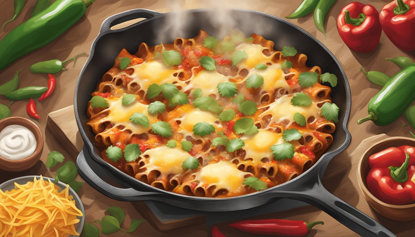 A sizzling skillet of enchiladas surrounded by vibrant red and green chilies, with steam rising and a sprinkle of melted cheese on top