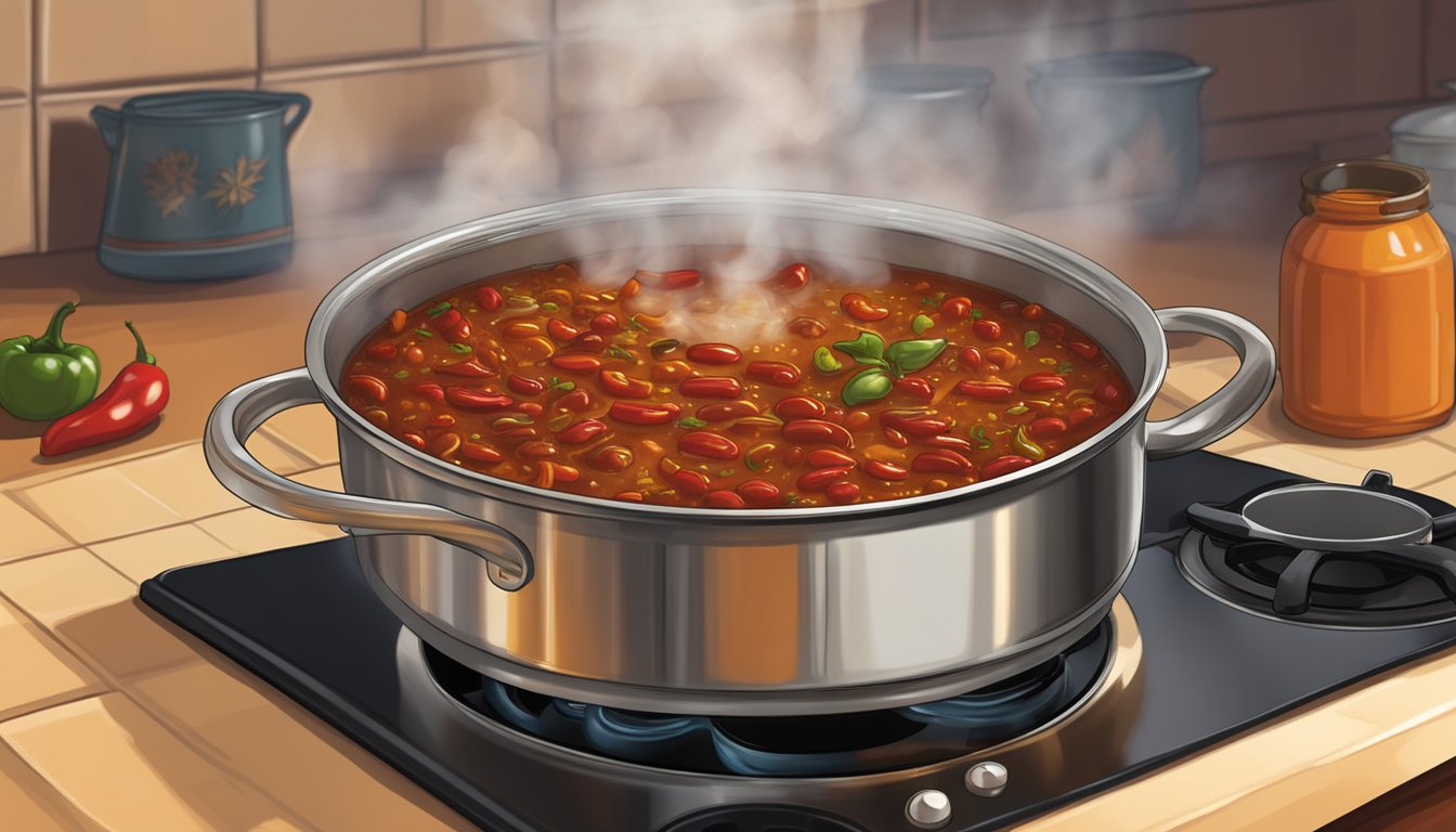 A bubbling pot of Southwest Firehouse Chili simmers on a stovetop, steam rising and filling the kitchen with the rich aroma of spicy Texas chili