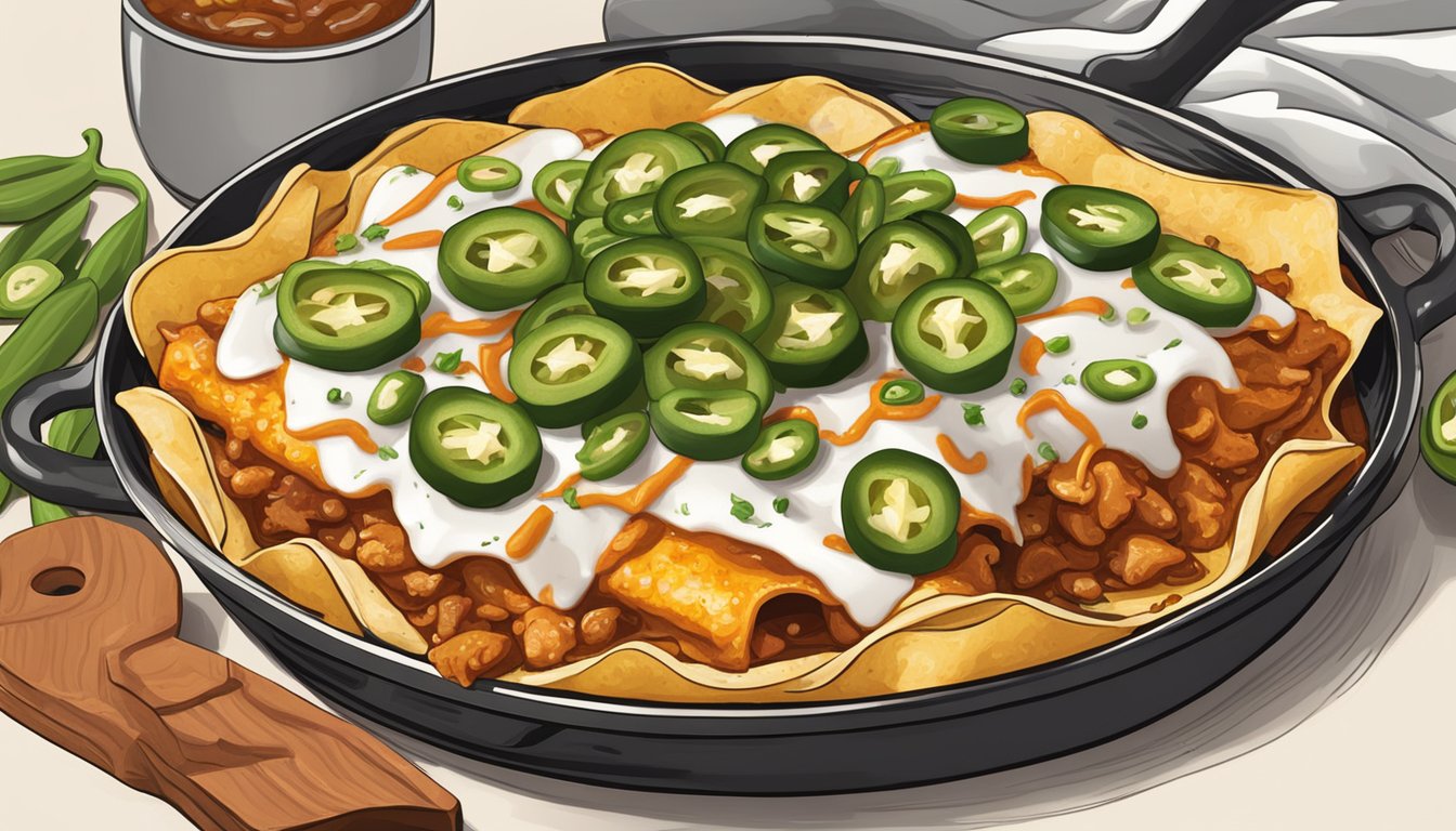 A steaming hot plate of spicy chicken enchiladas topped with sliced jalapeños