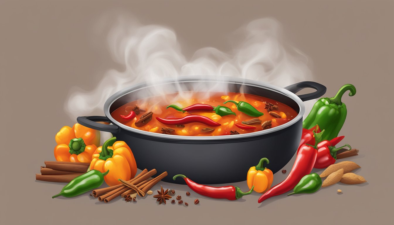 A steaming pot of chili simmering over an open flame, surrounded by vibrant chili peppers and spices