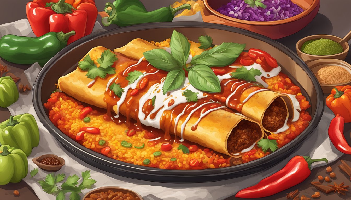 A steaming hot plate of ghost pepper veggie enchiladas with a fiery red sauce, surrounded by colorful peppers and spices