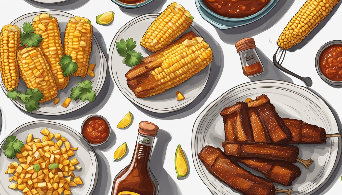 A sizzling bottle of Valentina Salsa Picante next to a plate of smoky BBQ ribs and spicy grilled corn on the cob