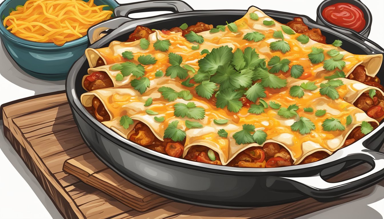 A sizzling skillet of pork enchiladas topped with spicy red sauce and melted cheese, surrounded by vibrant peppers and cilantro