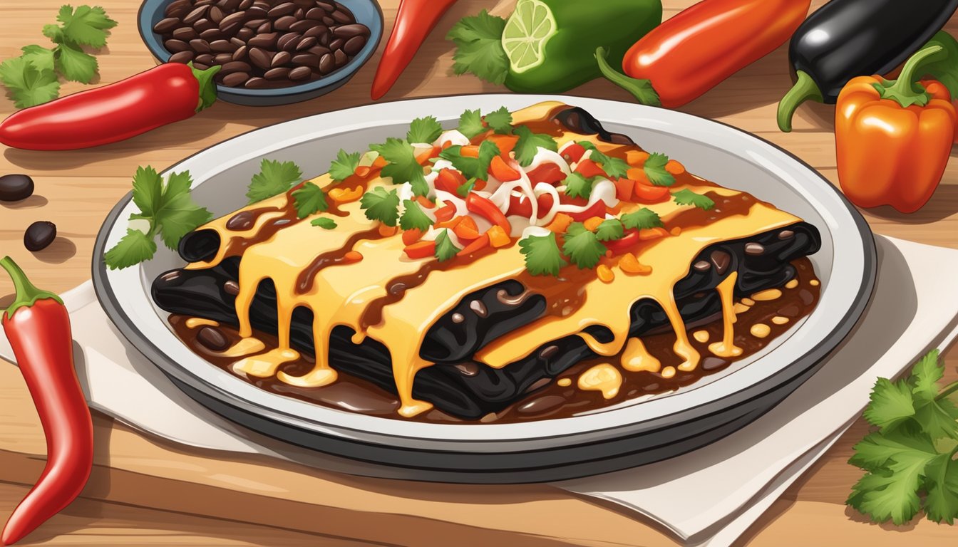 A steaming hot plate of black bean enchiladas, topped with spicy chili-cumin sauce and melted cheese, surrounded by colorful peppers and garnished with fresh cilantro