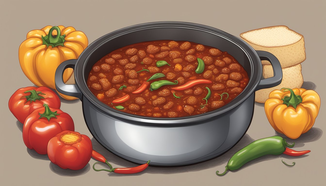 A bubbling pot of chili with peppers, onions, and ground beef simmering in a rich, spicy tomato sauce