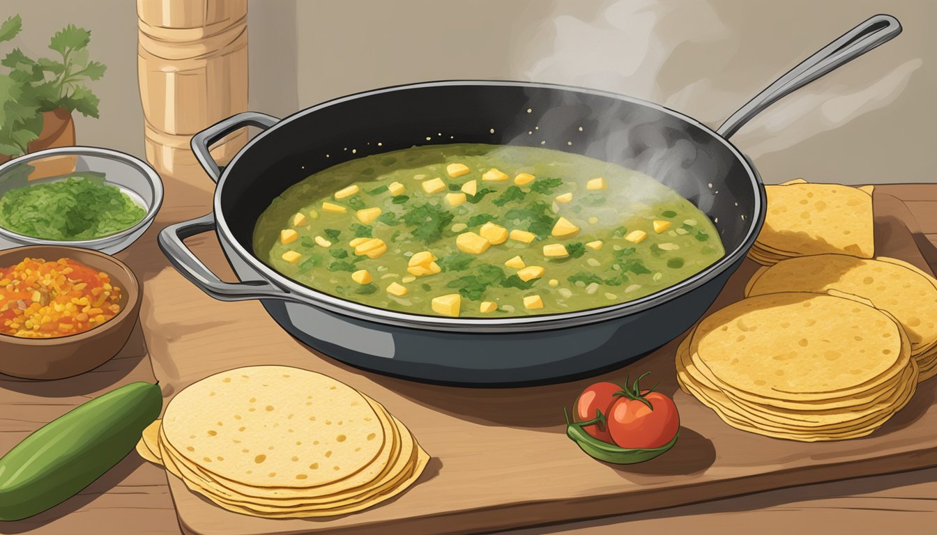 A bubbling pot of fire-roasted salsa verde simmers on the stove, while a stack of corn tortillas and a dish of shredded cheese sit nearby