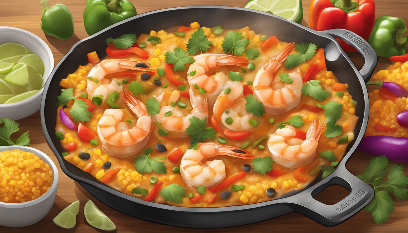 A sizzling skillet of shrimp enchiladas with steam rising, surrounded by colorful peppers and spices