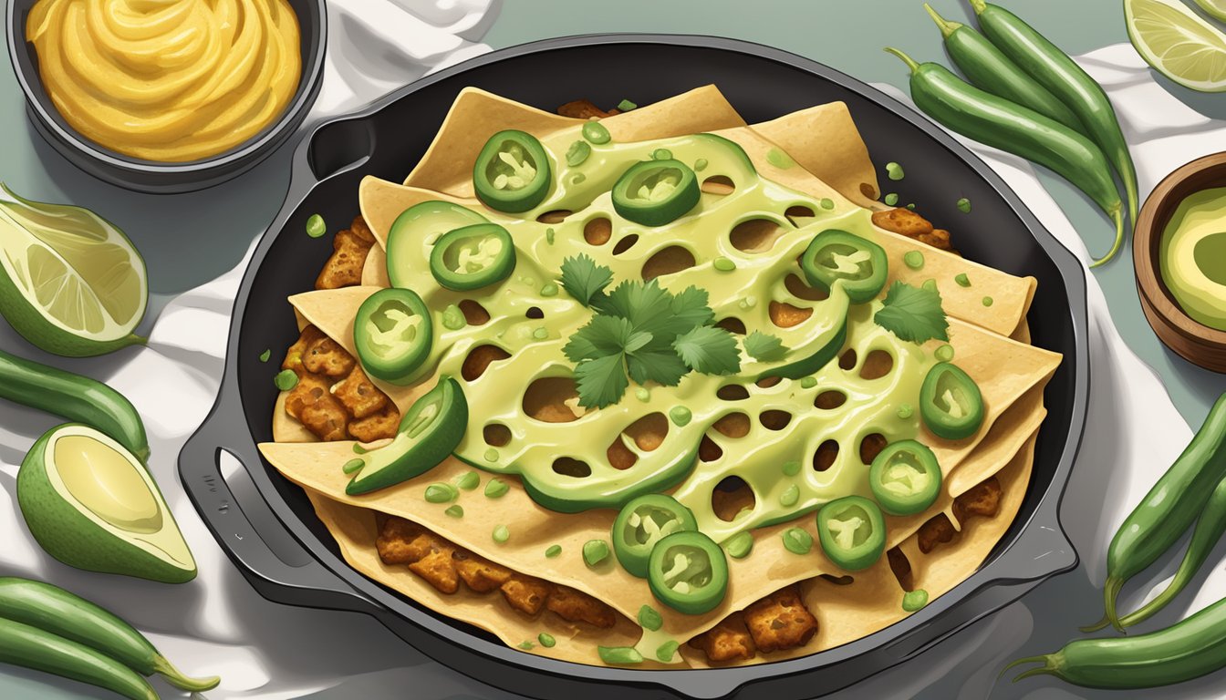 A sizzling skillet of enchiladas topped with sliced serrano peppers and drizzled with creamy avocado sauce