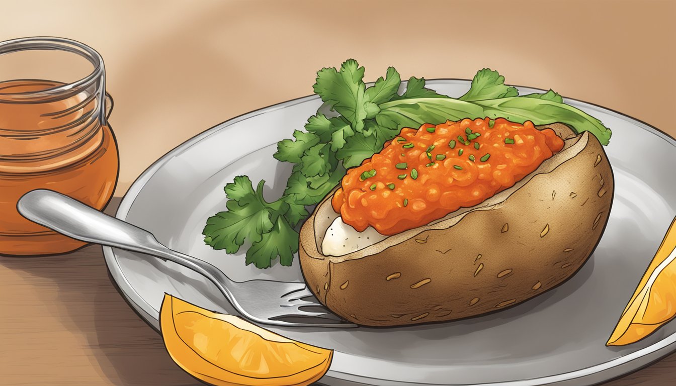 A baked potato topped with Frank's RedHot Original Cayenne Pepper Sauce, with steam rising from the potato