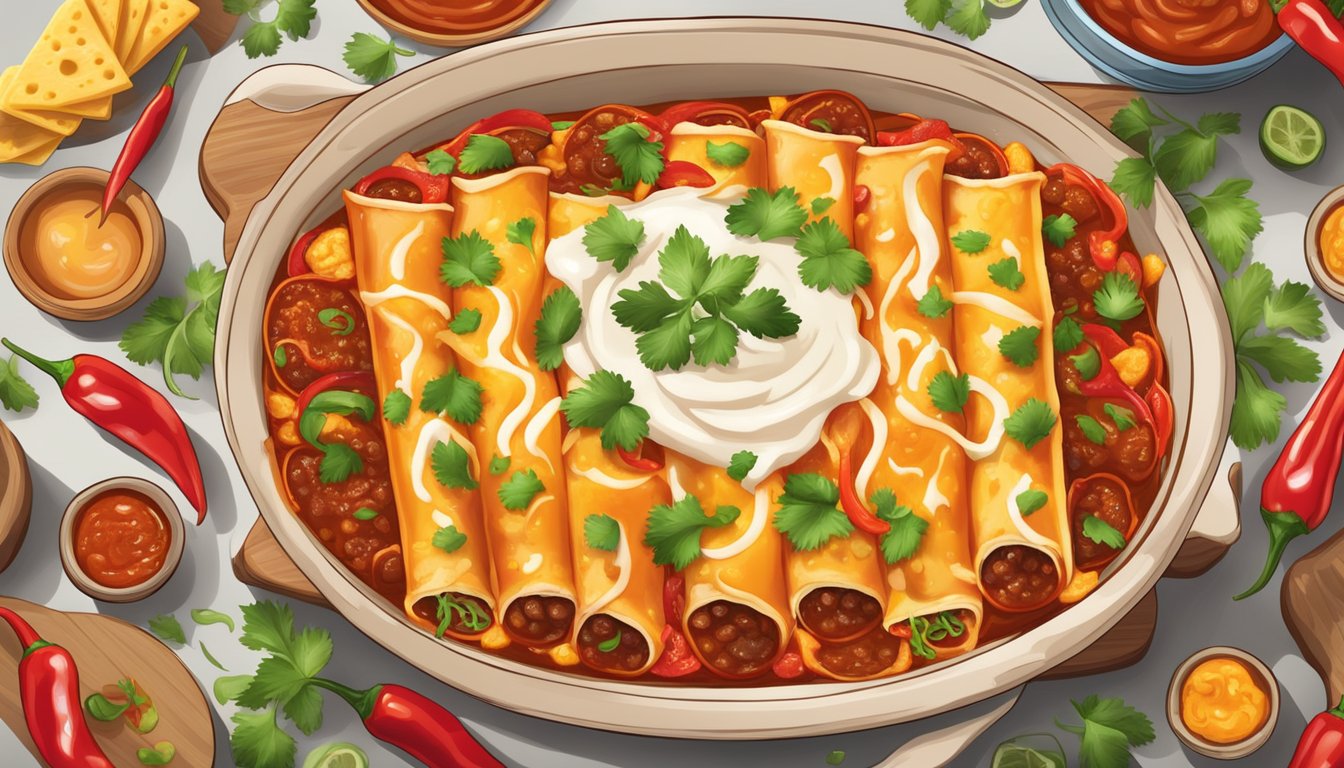 A colorful array of sizzling enchiladas, topped with spicy red sauce and melted cheese, surrounded by vibrant chili peppers and fresh cilantro