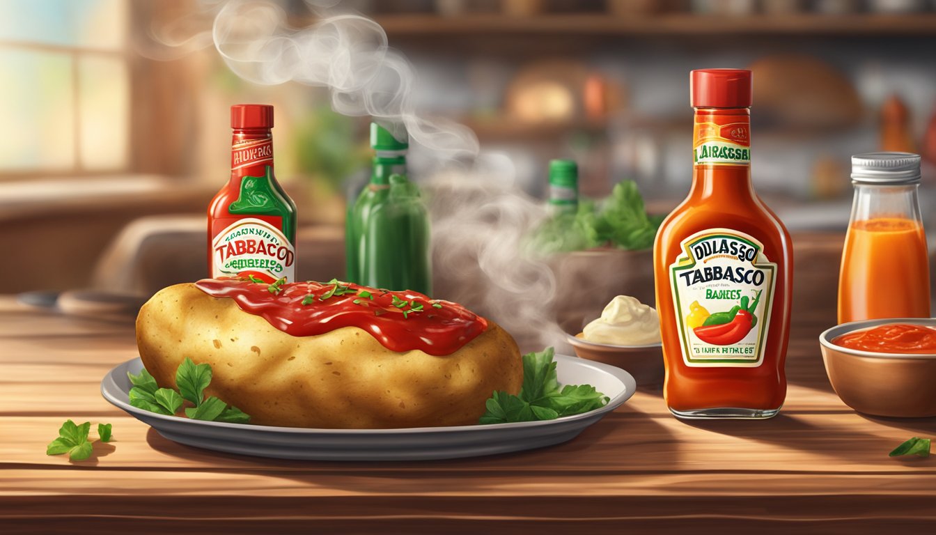 A steaming baked potato with a dollop of Tabasco sauce on top, surrounded by a few other hot sauce bottles on a wooden table