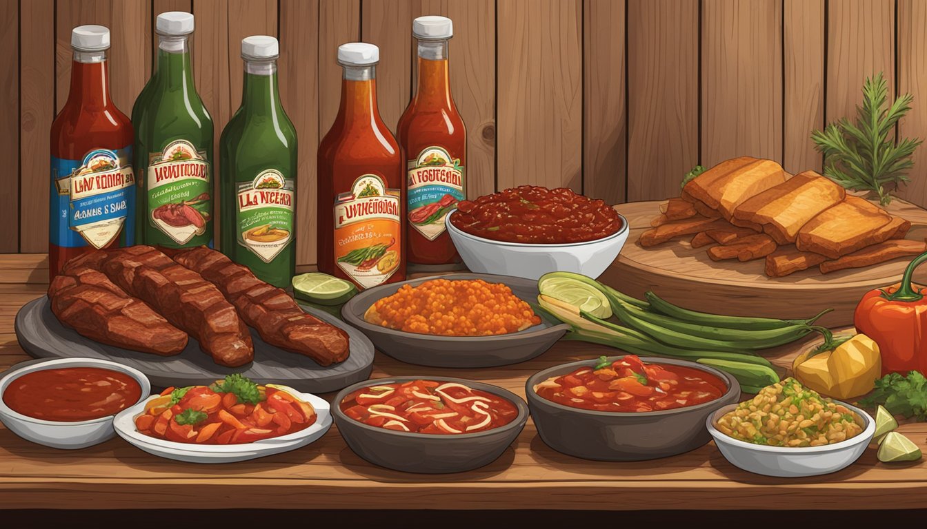 A rustic wooden table with a variety of BBQ meats, grilled vegetables, and bottles of La Victoria Suprema Salsa and Texas hot sauce arranged in an appetizing display