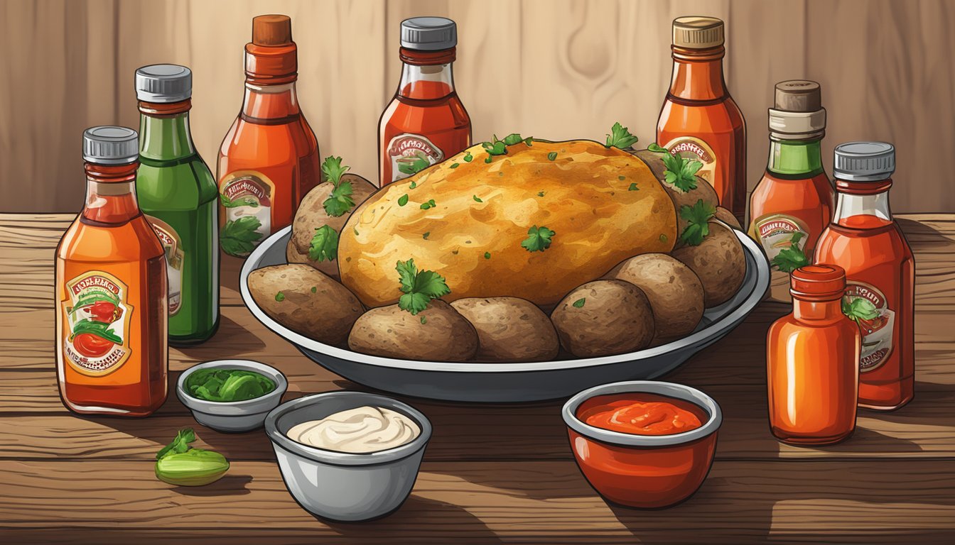 A steaming baked potato topped with Sriracha sauce, surrounded by bottles of different hot sauces on a rustic wooden table