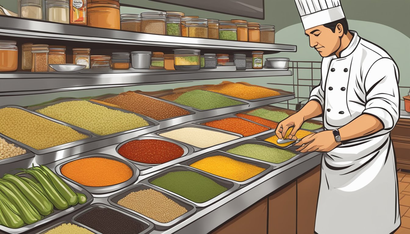 A chef selecting various spicy ingredients for Texas enchilada recipe