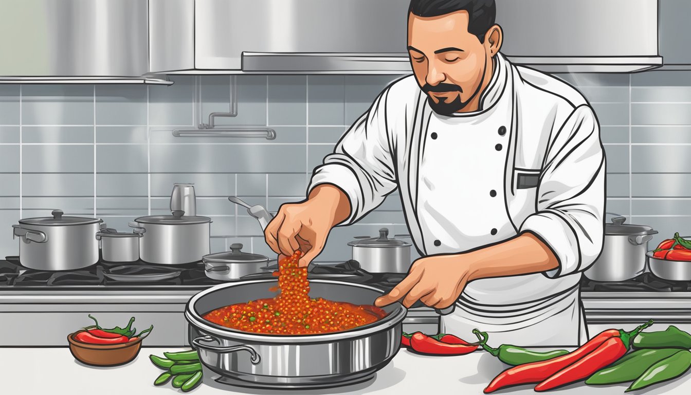 A chef adding fiery red chili peppers to a bubbling pot of simmering enchilada sauce