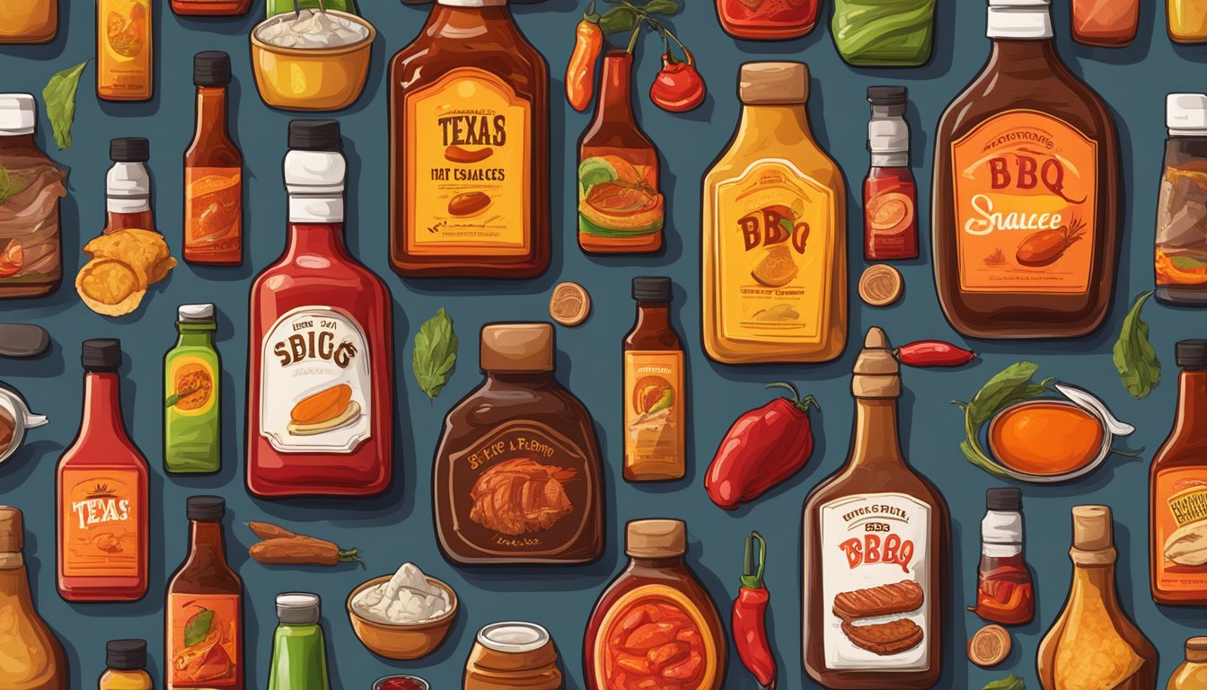 A variety of Texas hot sauces and BBQ dishes arranged on a wooden table with colorful bottles and smoky meats