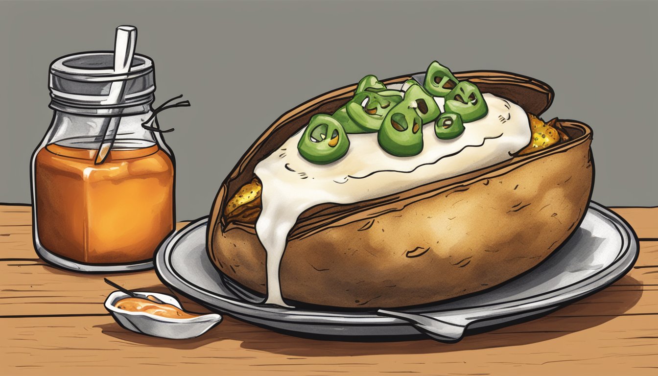 A steaming baked potato topped with Texas Pete Hot Sauce