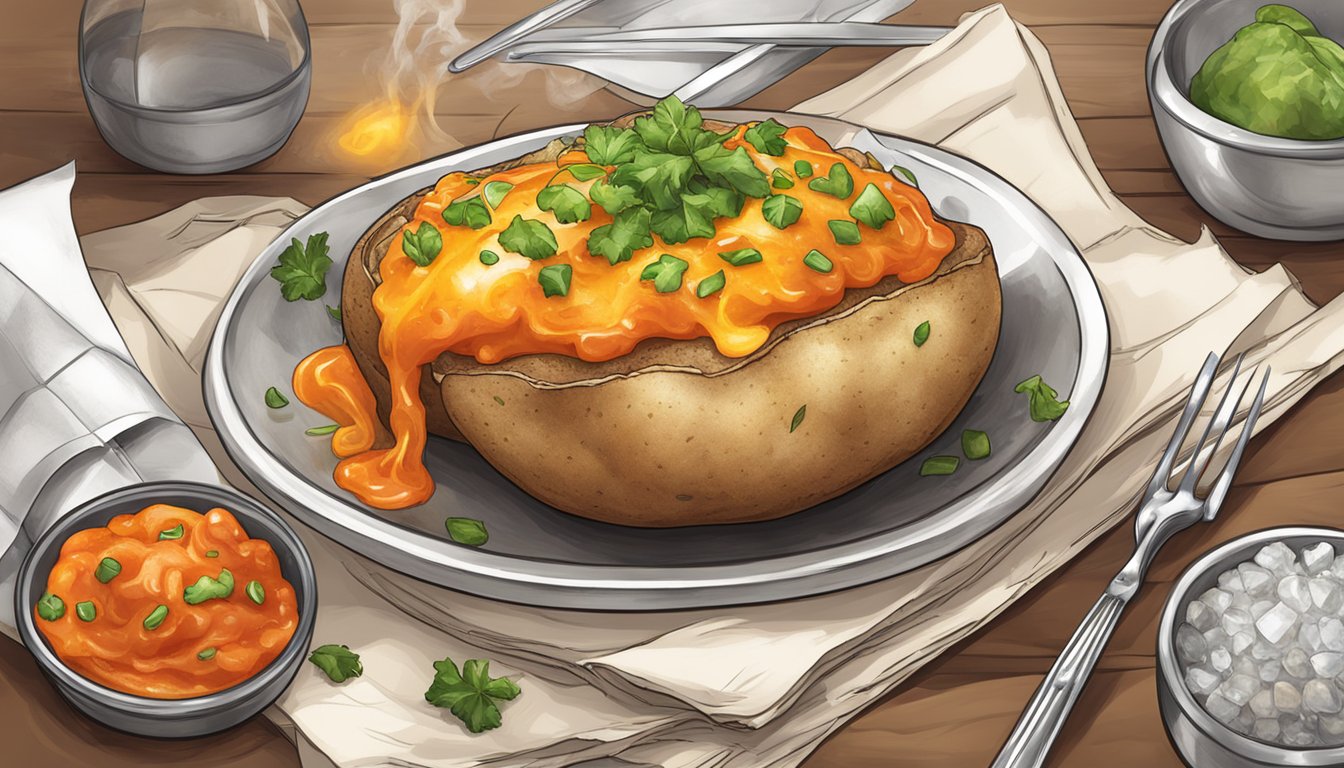 A steaming baked potato topped with Crystal Hot Sauce