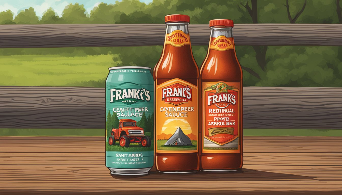 A bottle of Frank's RedHot Original Cayenne Pepper Sauce sits next to a cold bottle of Saint Arnold Lawnmower craft beer on a rustic wooden table