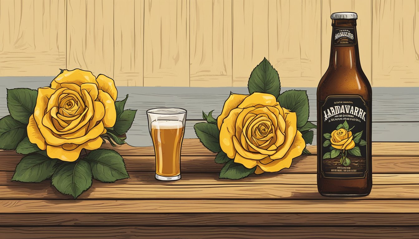 A bottle of Secret Aardvark Habanero Sauce sits next to a Lone Pint Yellow Rose craft beer on a rustic wooden table