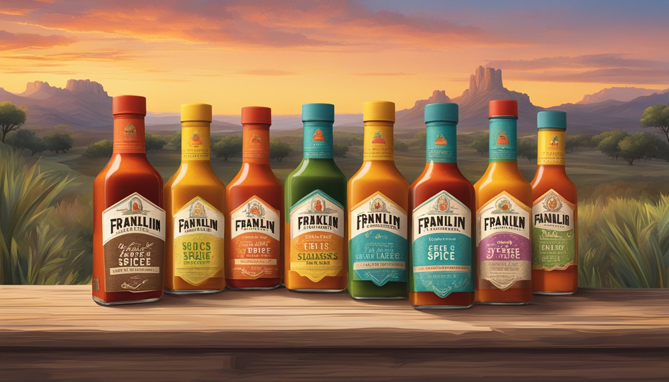 A rustic wooden crate filled with colorful bottles of Franklin's Spice Limited Edition hot sauces, set against a backdrop of a Texas landscape