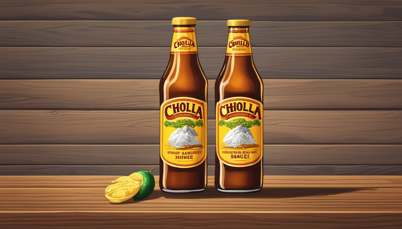 A bottle of Cholula Hot Sauce and a bottle of Shiner Bock beer placed next to each other on a wooden table