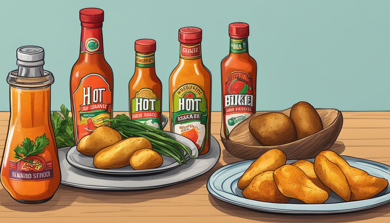 A variety of hot sauce bottles arranged next to a plate of baked potatoes