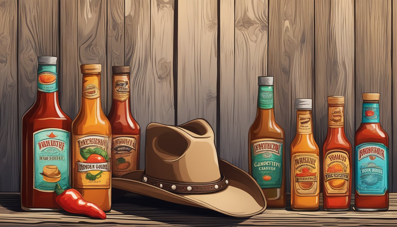 A cowboy hat and boots surrounded by bottles of hot sauce on a rustic wooden table