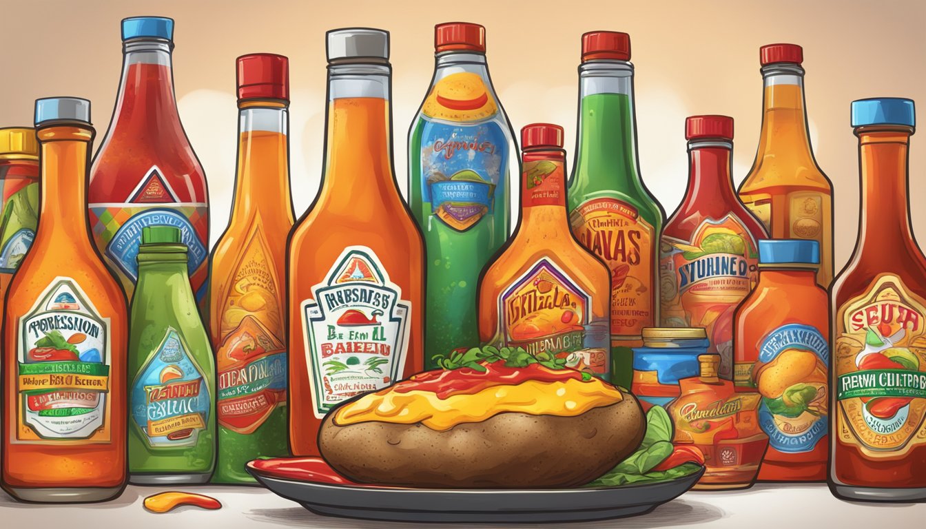 A steaming baked potato topped with a generous drizzle of hot sauce, surrounded by colorful bottles of various hot sauces