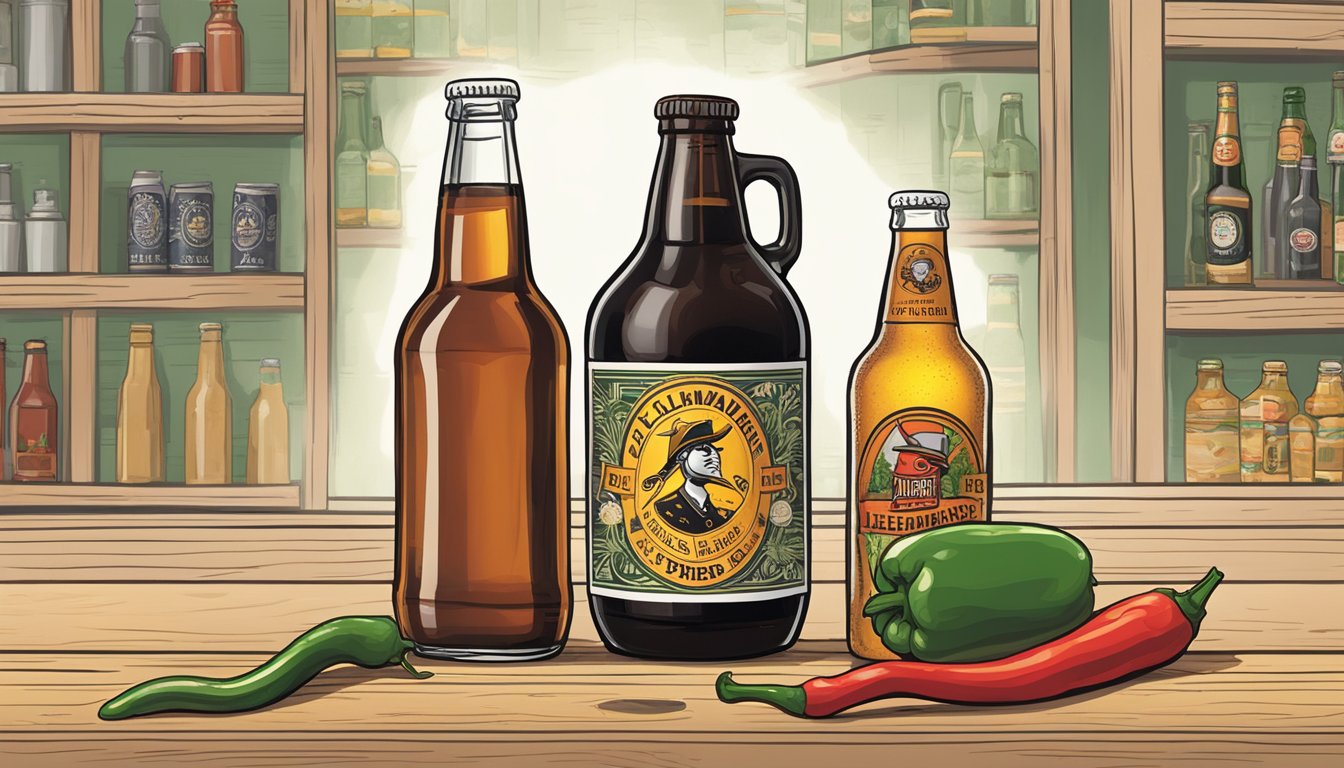 A bottle of Yellowbird Jalapeño Condiment sits next to a bottle of Real Ale Firemans #4 craft beer, with a spicy pepper and a pint glass nearby