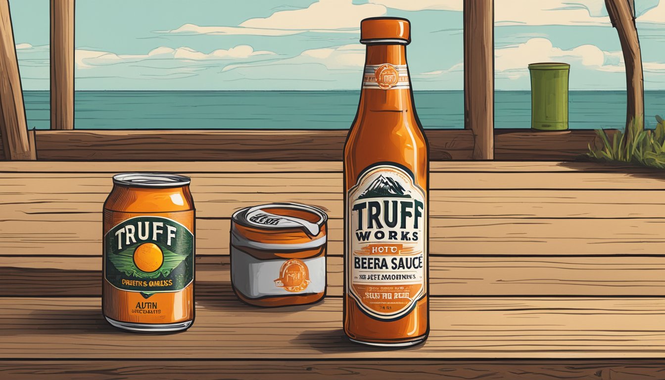 A bottle of Truff Hot Sauce sits next to a can of Austin Beerworks Pearl-Snap on a rustic wooden table