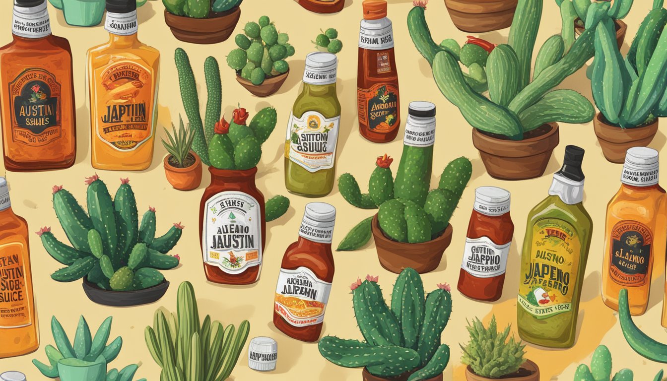 A table with bottles of Austin Slow Burn Jalapeño hot sauce and other Texas-made hot sauces, surrounded by chili peppers and cacti