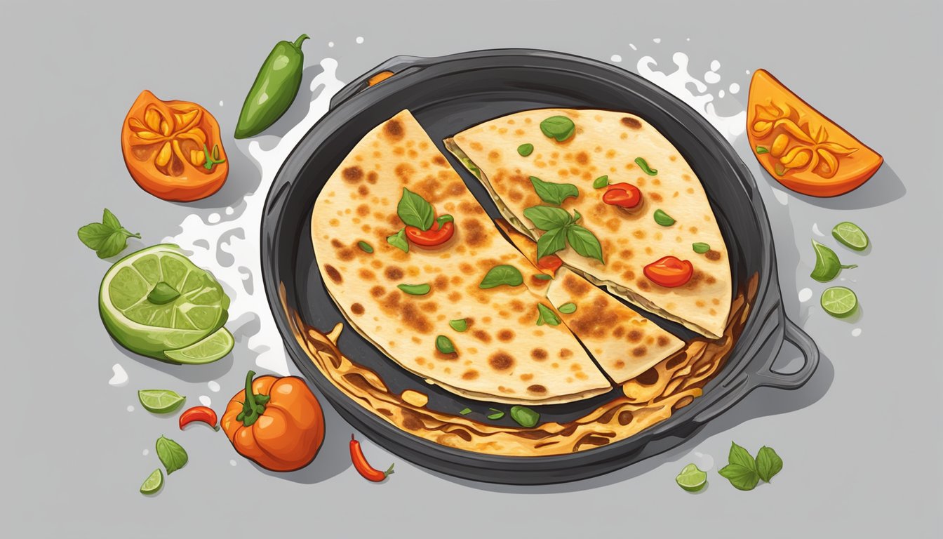 A sizzling hot quesadilla surrounded by scattered habanero peppers and steam rising from the spicy, melted cheese