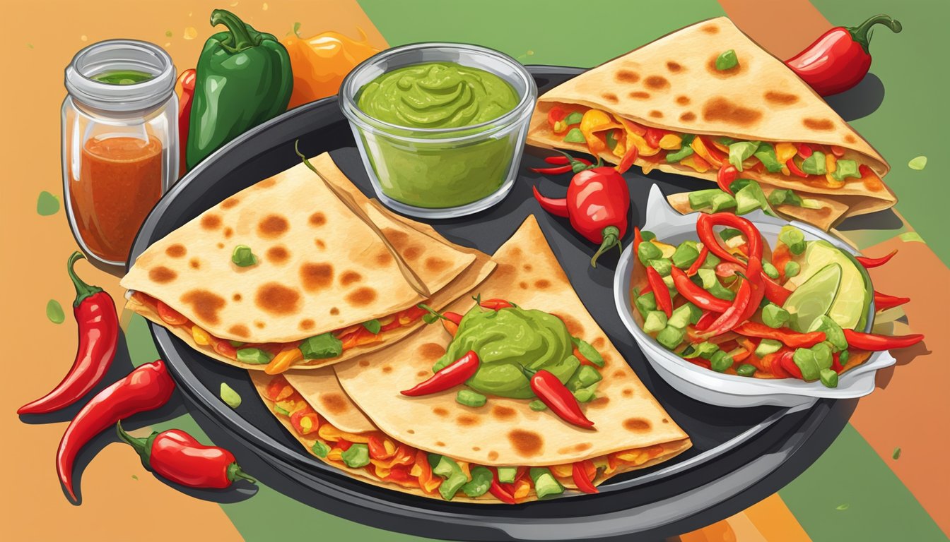 A sizzling quesadilla oozing with ghost pepper guacamole, surrounded by vibrant chili peppers and a fiery red hot sauce