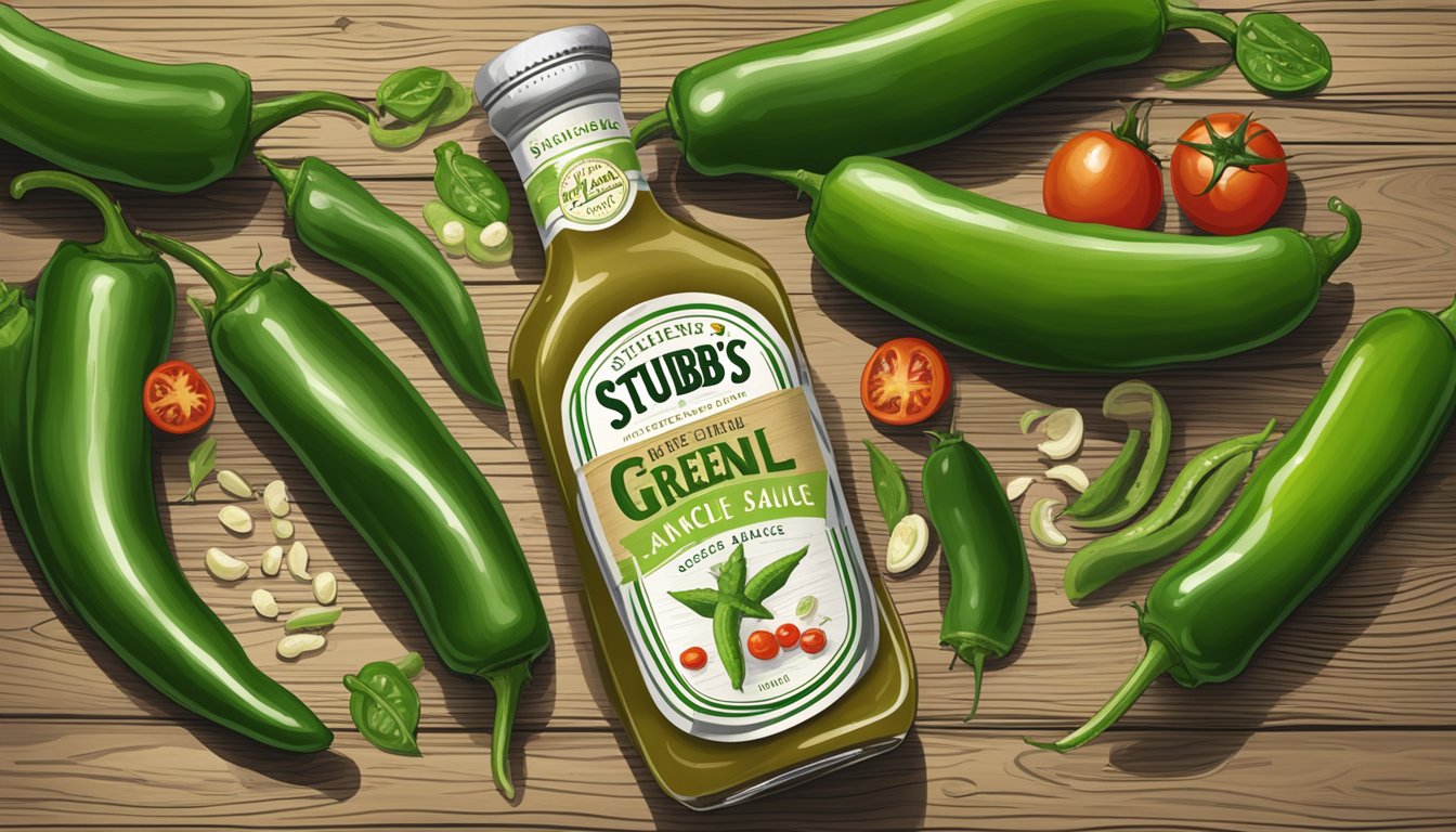 A bottle of Stubb's Green Chile Anytime Sauce surrounded by fresh green chiles, tomatoes, and jalapeños on a rustic wooden table