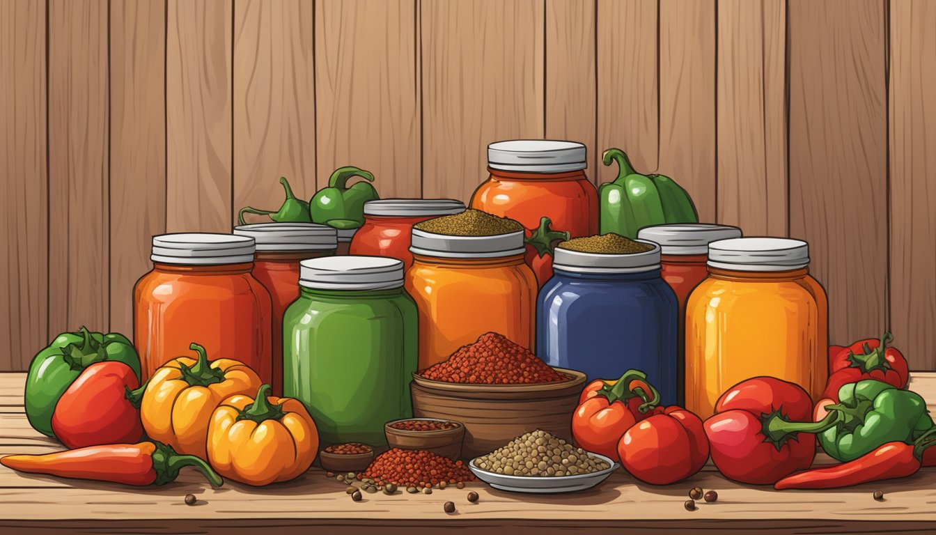 A colorful array of peppers, tomatoes, and spices piled high on a rustic wooden table, ready to be transformed into fiery Texas hot sauces