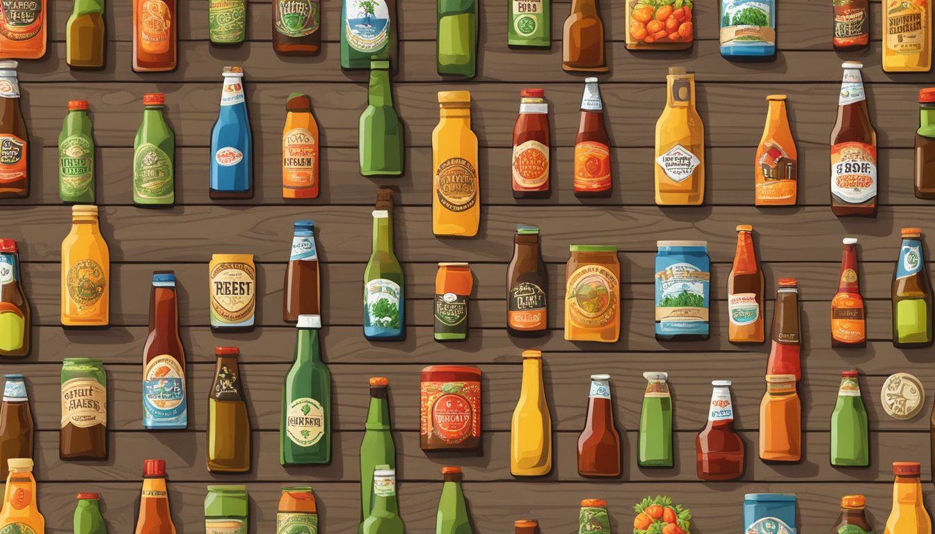 A rustic wooden table adorned with an array of colorful craft beer bottles and bottles of Texas hot sauce, surrounded by hops and chili peppers