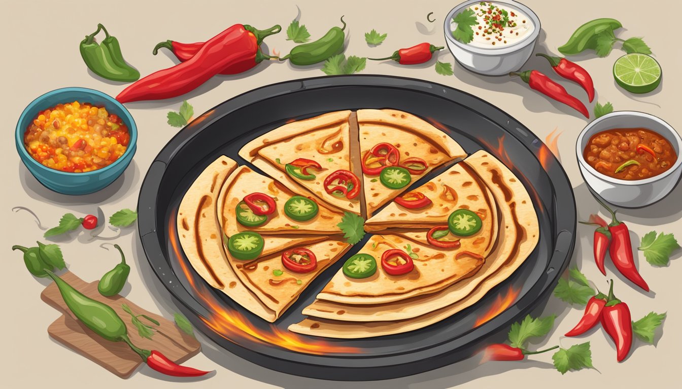 A sizzling pork quesadilla surrounded by flames and hot peppers