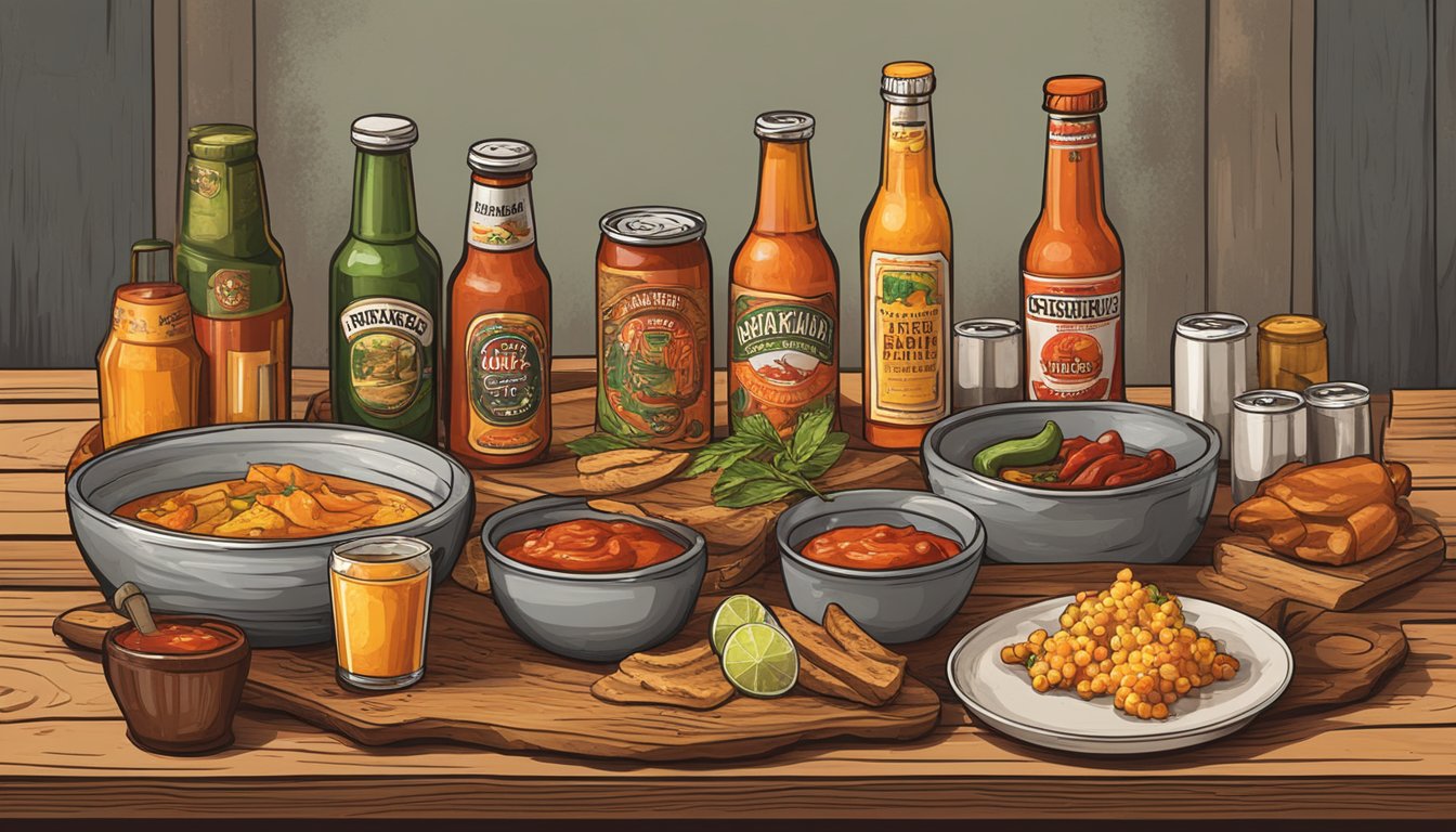 A rustic wooden table with a variety of hot sauce bottles and craft beer cans arranged alongside tasting glasses and small dishes of food for pairing