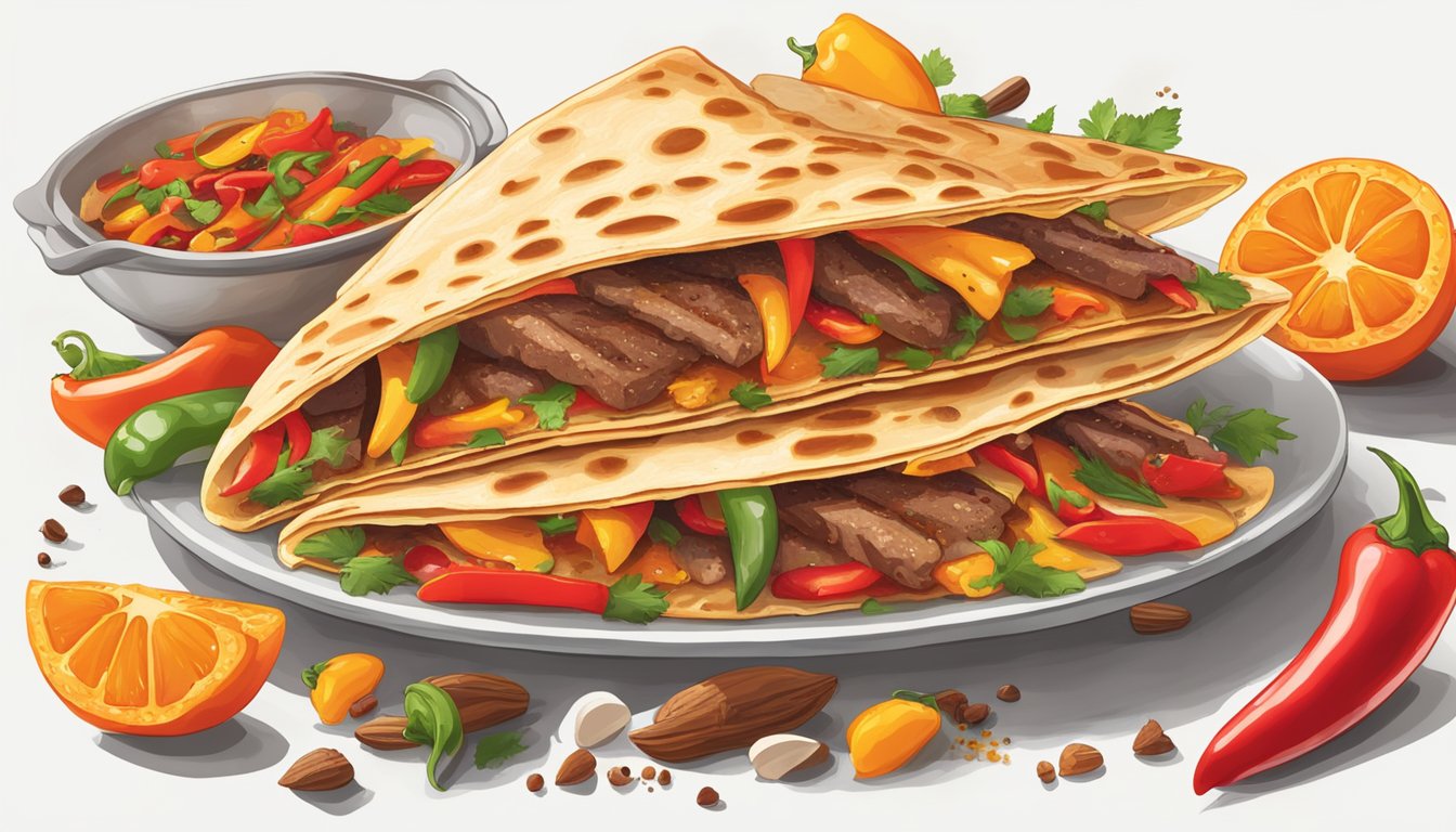 A sizzling steak quesadilla erupts with fiery red and orange hues, surrounded by vibrant peppers and spices