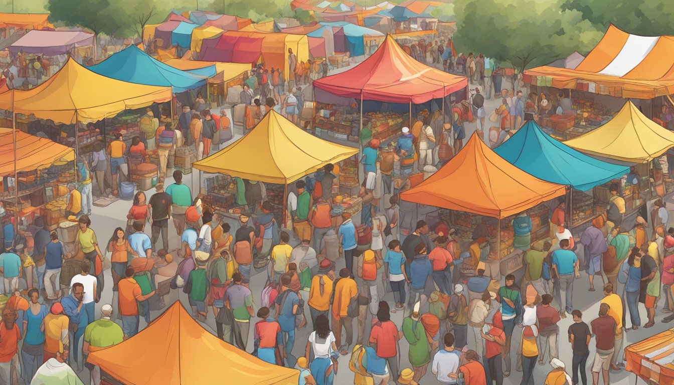 A bustling outdoor festival with colorful tents, lively music, and people sampling and purchasing various hot sauces