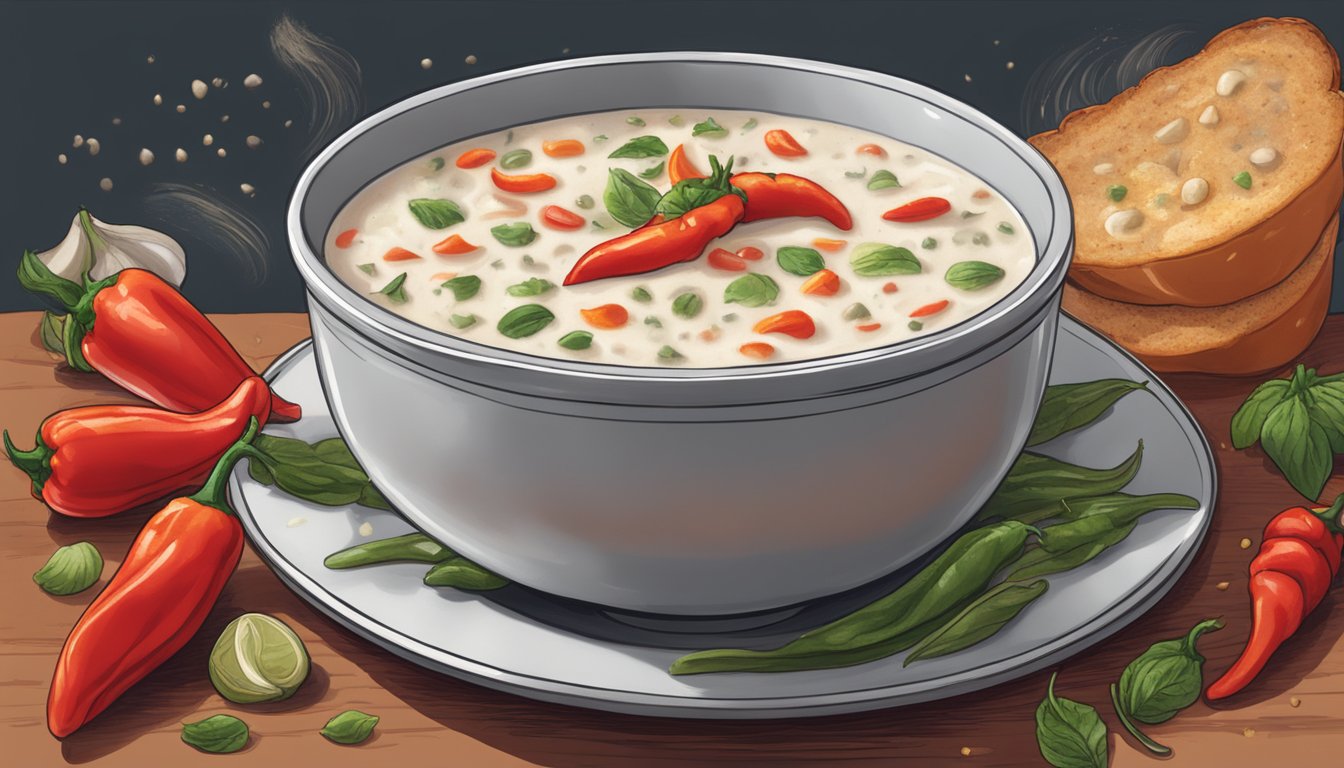 A steaming bowl of ghost pepper clam chowder surrounded by fiery red peppers and a sprinkle of spices