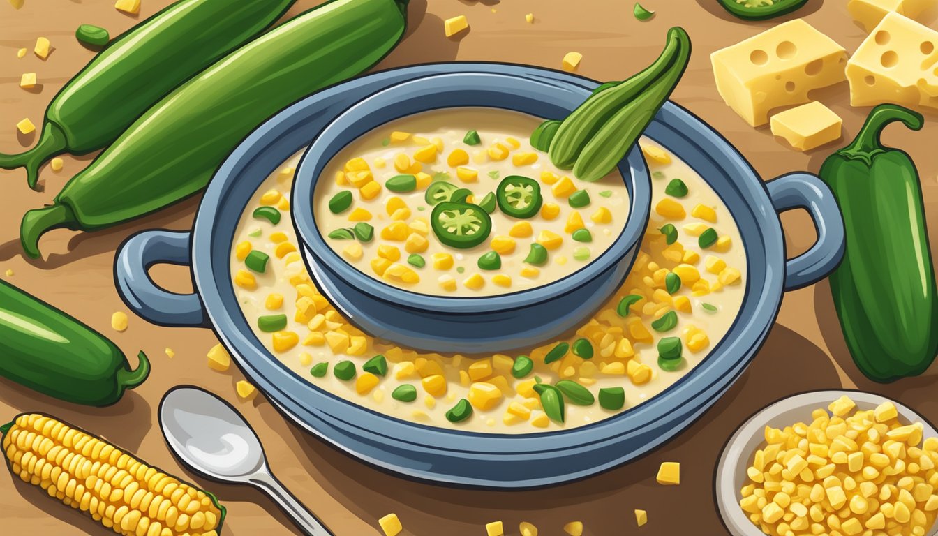 A steaming pot of jalapeno cheddar corn chowder surrounded by vibrant yellow corn, diced jalapenos, and chunks of creamy cheddar cheese