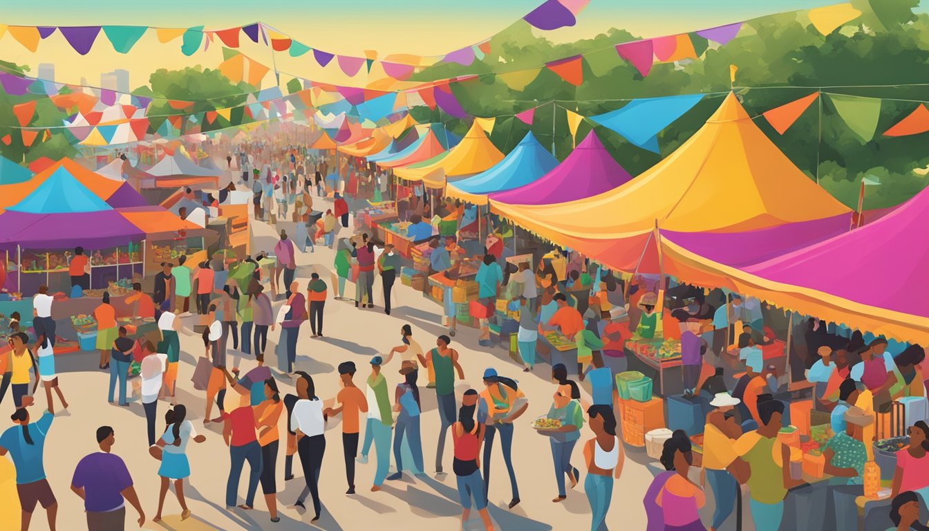 Vibrant salsa festival with lively music, colorful tents, and spicy food vendors in San Antonio