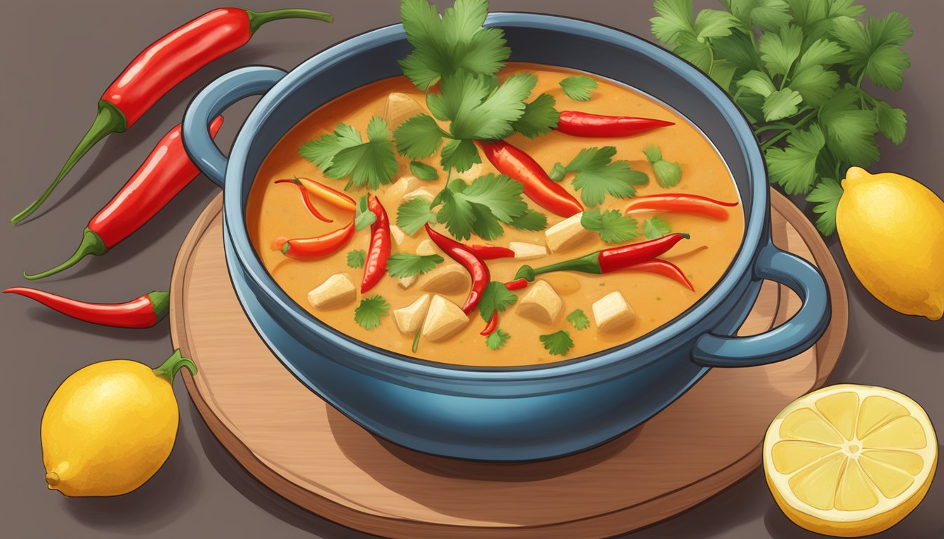 A steaming pot of Thai red curry chowder surrounded by vibrant red chilies, fragrant lemongrass, and fresh cilantro