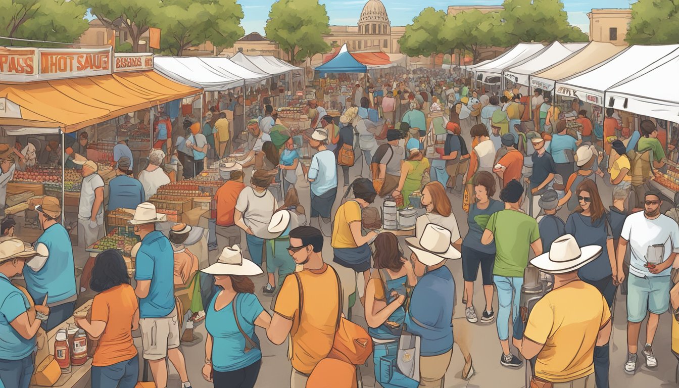 A bustling Texas Hot Sauce Festival in Pasadena, with vendors, live music, and spicy food tastings